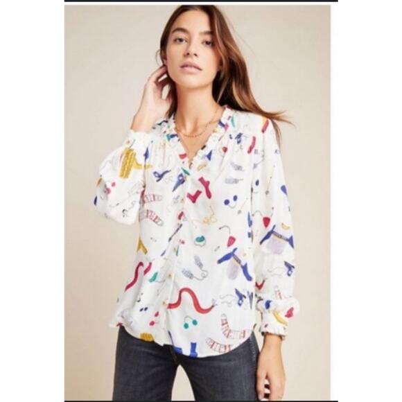 Anthropologie Maeve Marisol Ruffled Blouse 6P Ski Print Button Front snow - Picture 6 of 7